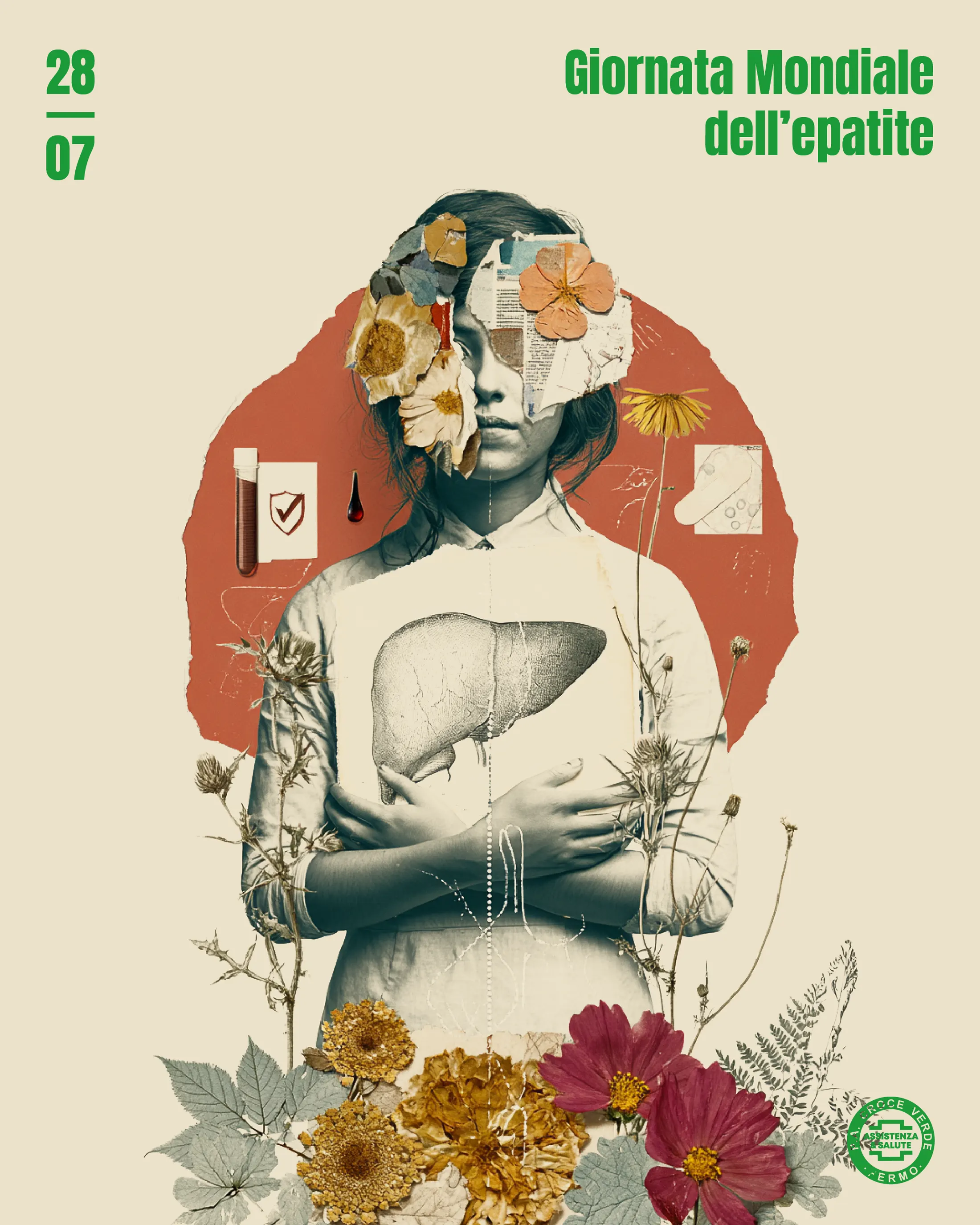 Collage poster for World Hepatitis Day, anatomical illustration and flowers