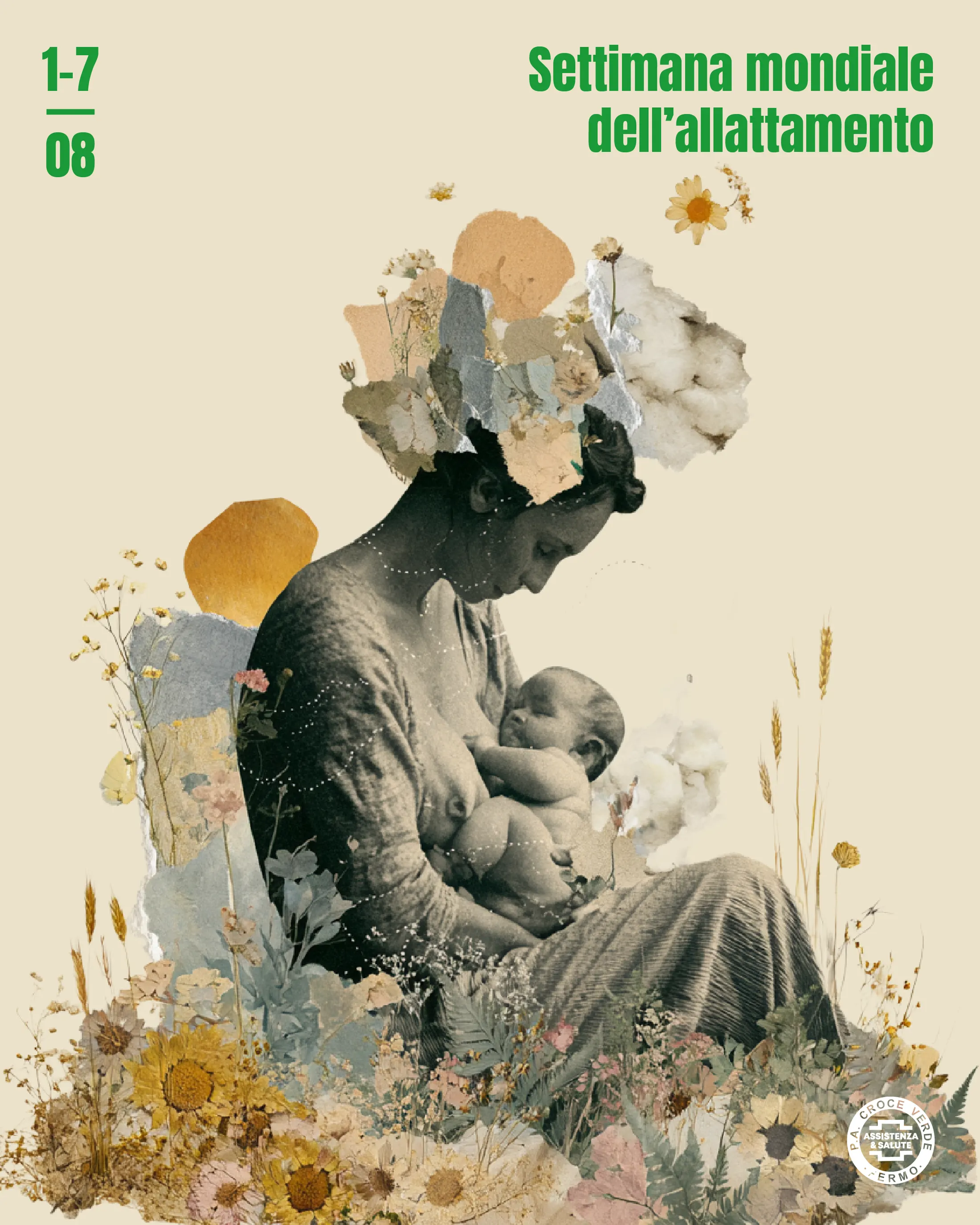 Collage poster for World Breastfeeding Week, a maternal figure among flowers