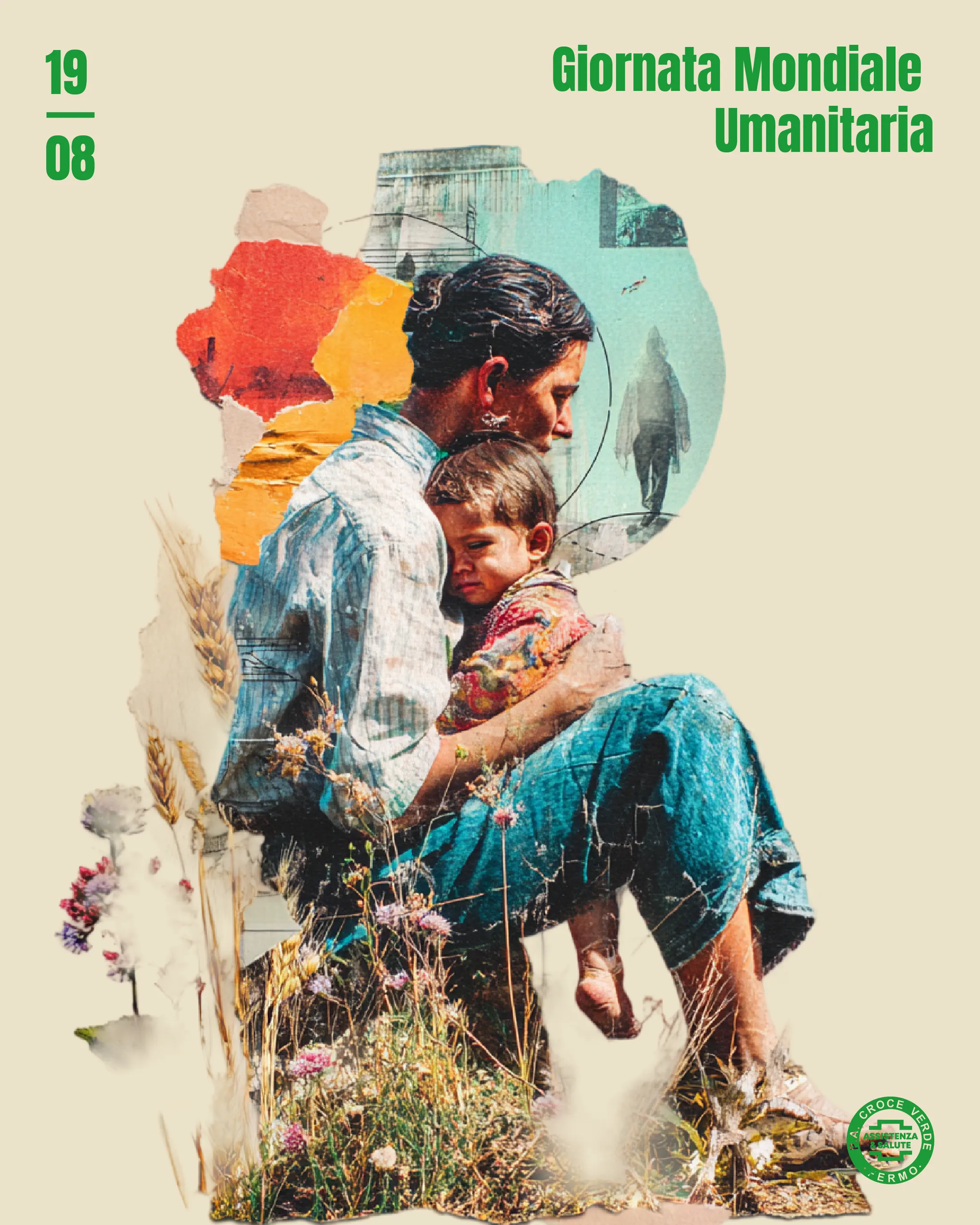 Collage poster for World Humanitarian Day, a figure holding a child