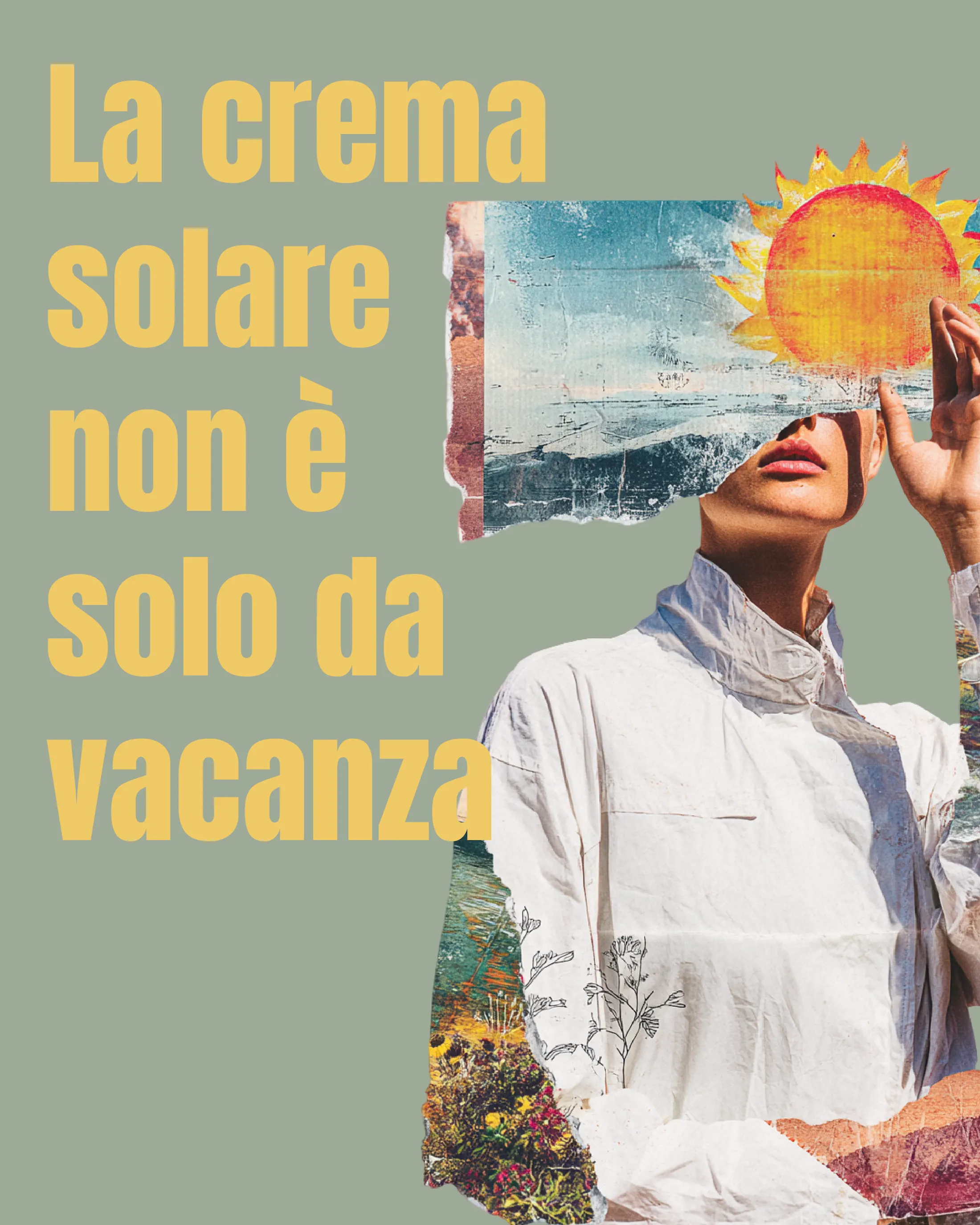 Poster on wearing sunscreen all year round, collage with a sun and a figure