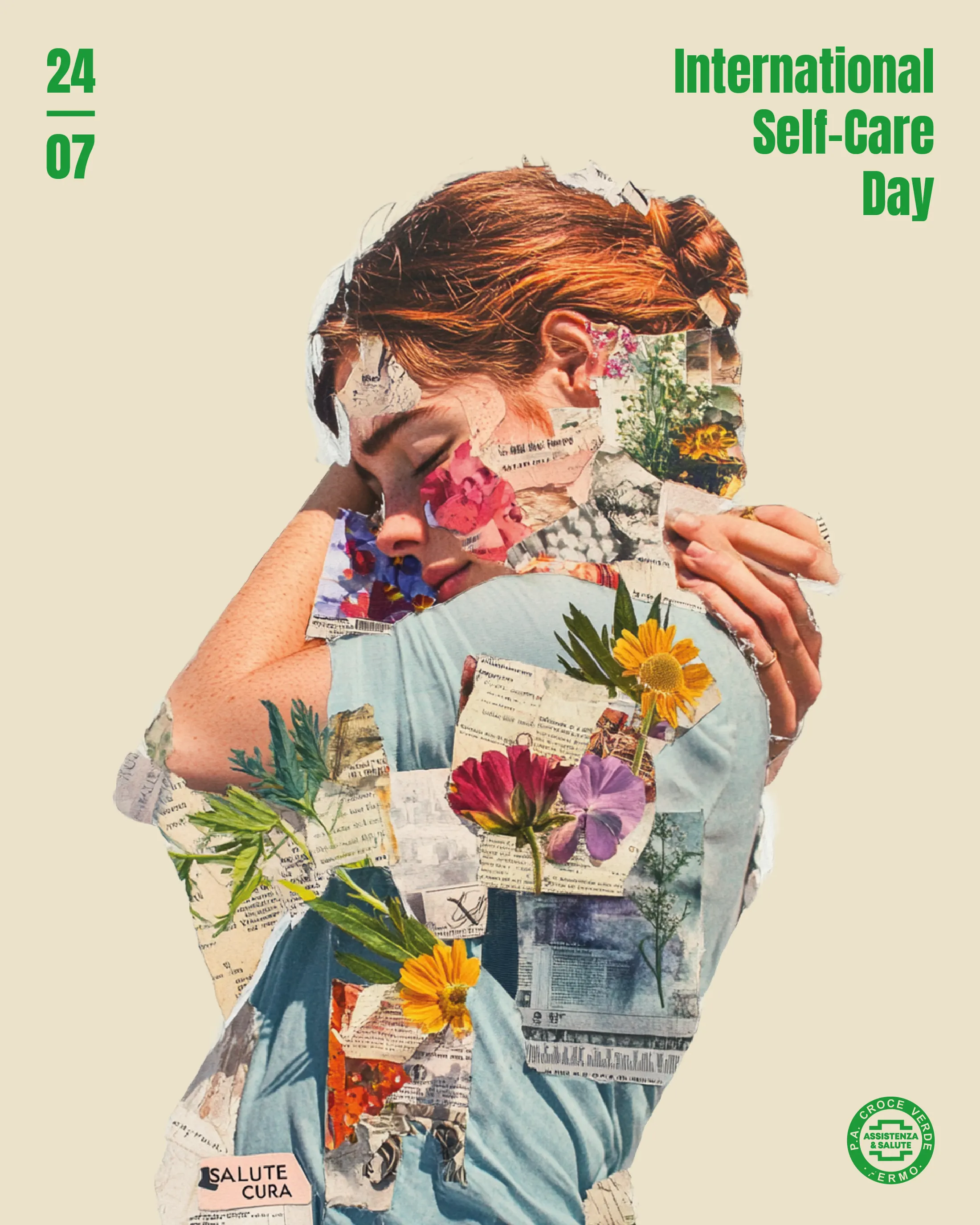 Collage poster for International Self-Care Day, a figure embracing themselves