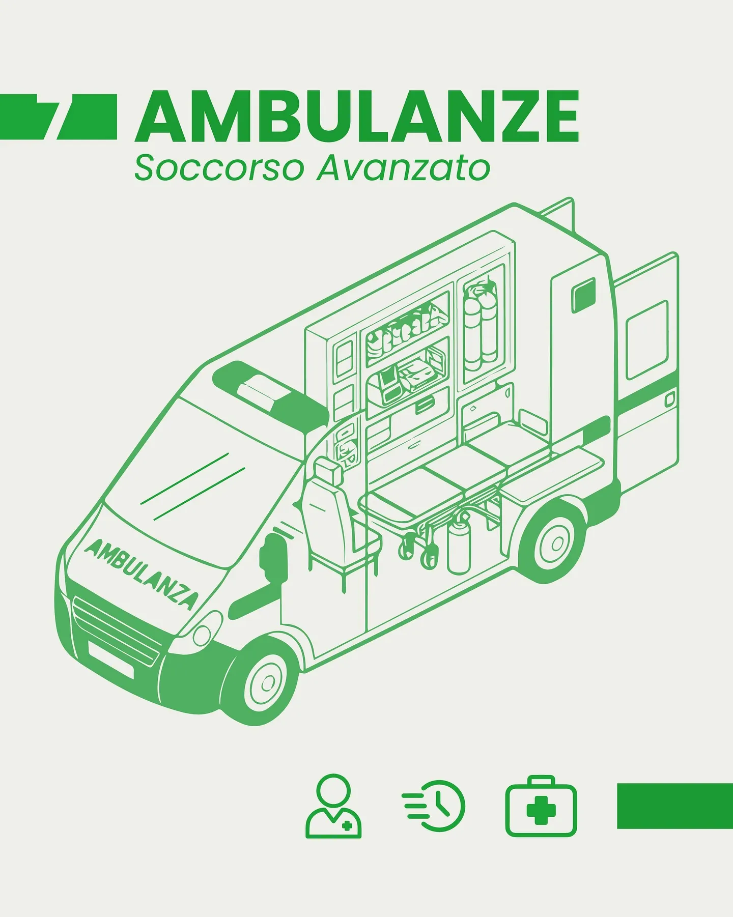 Green infographic: advanced life support ambulance drawn in axonometric projection