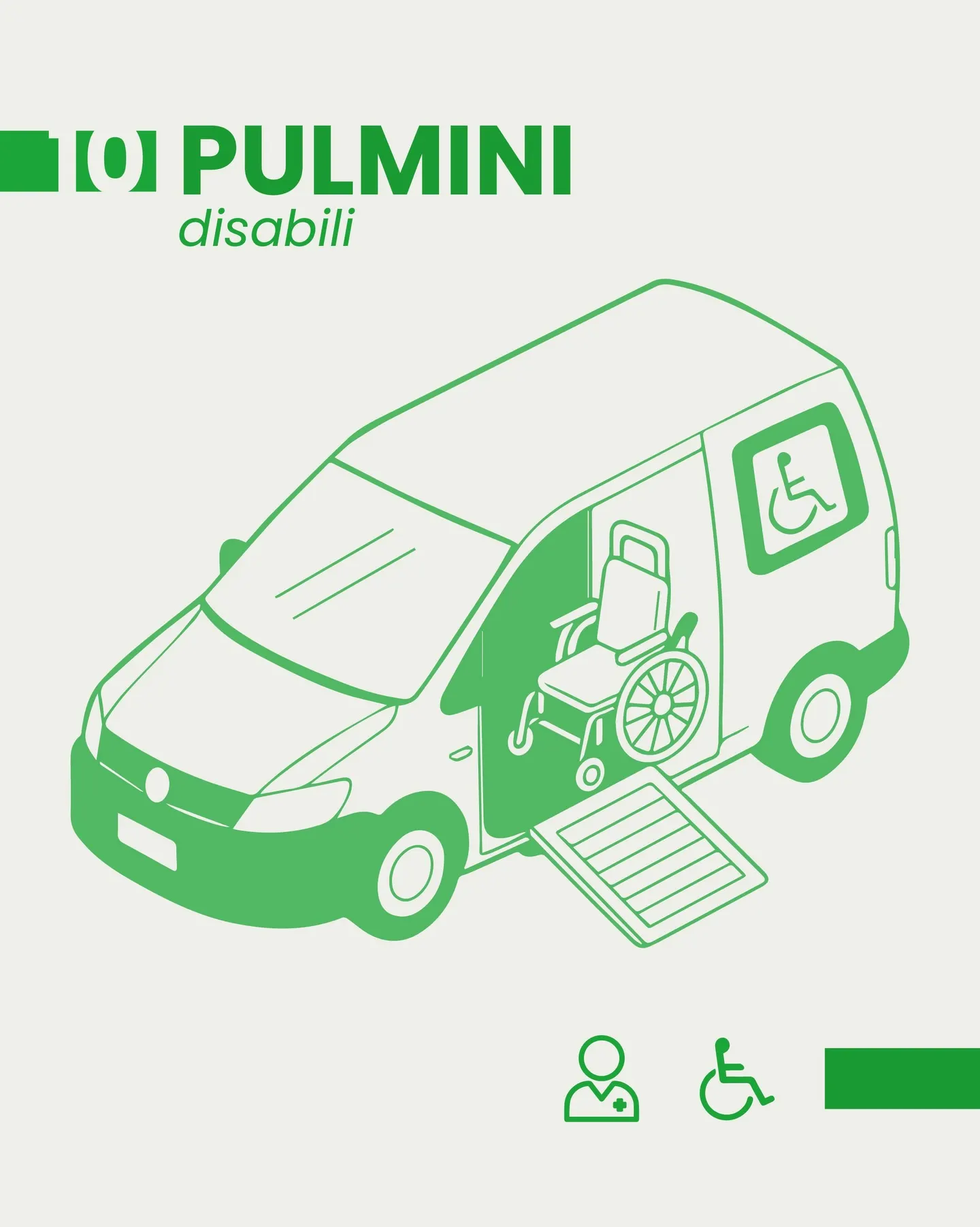 Green infographic: minibus equipped for wheelchair transport with a ramp