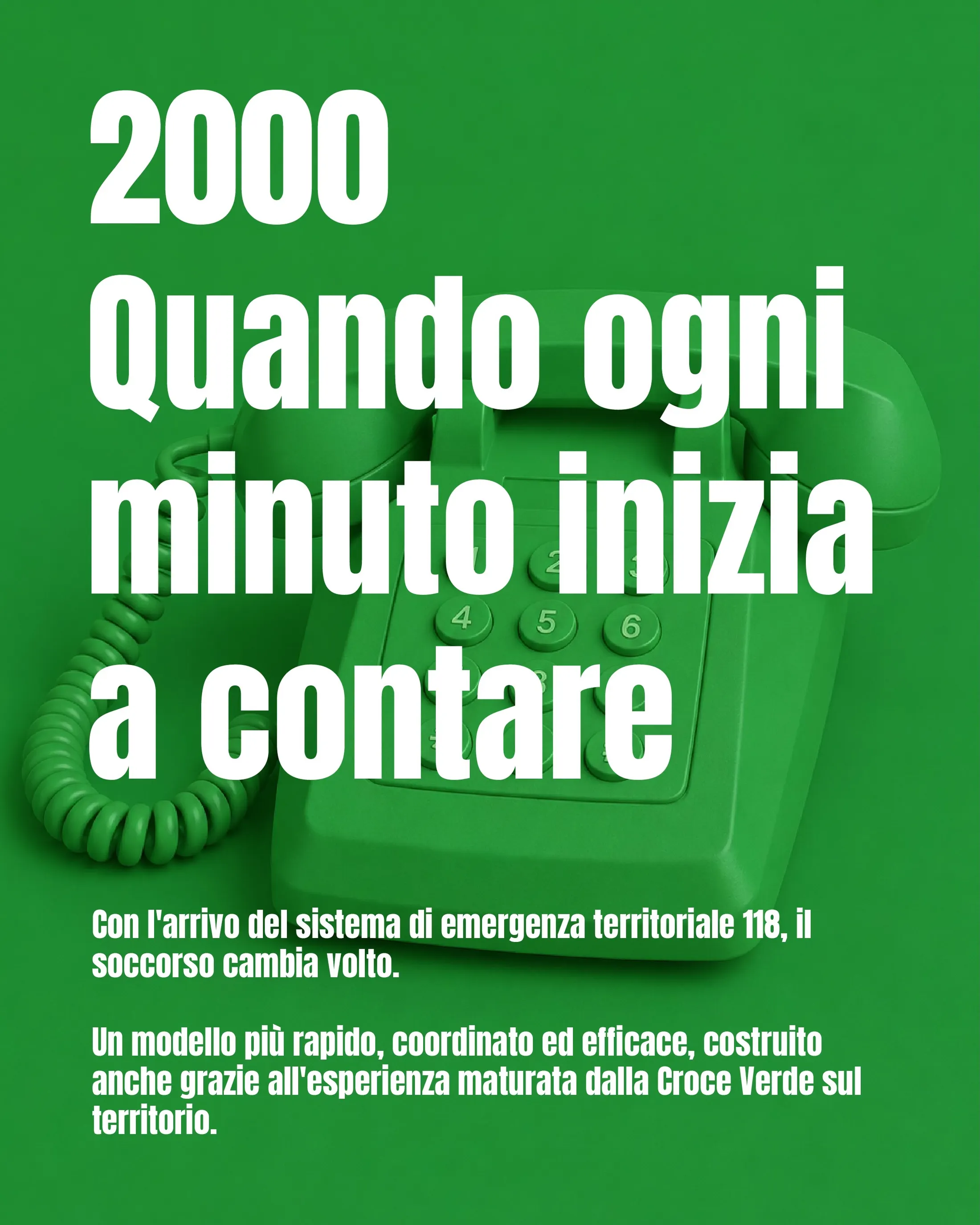 Card on the year 2000 and the arrival of the 118 emergency system, with a green telephone