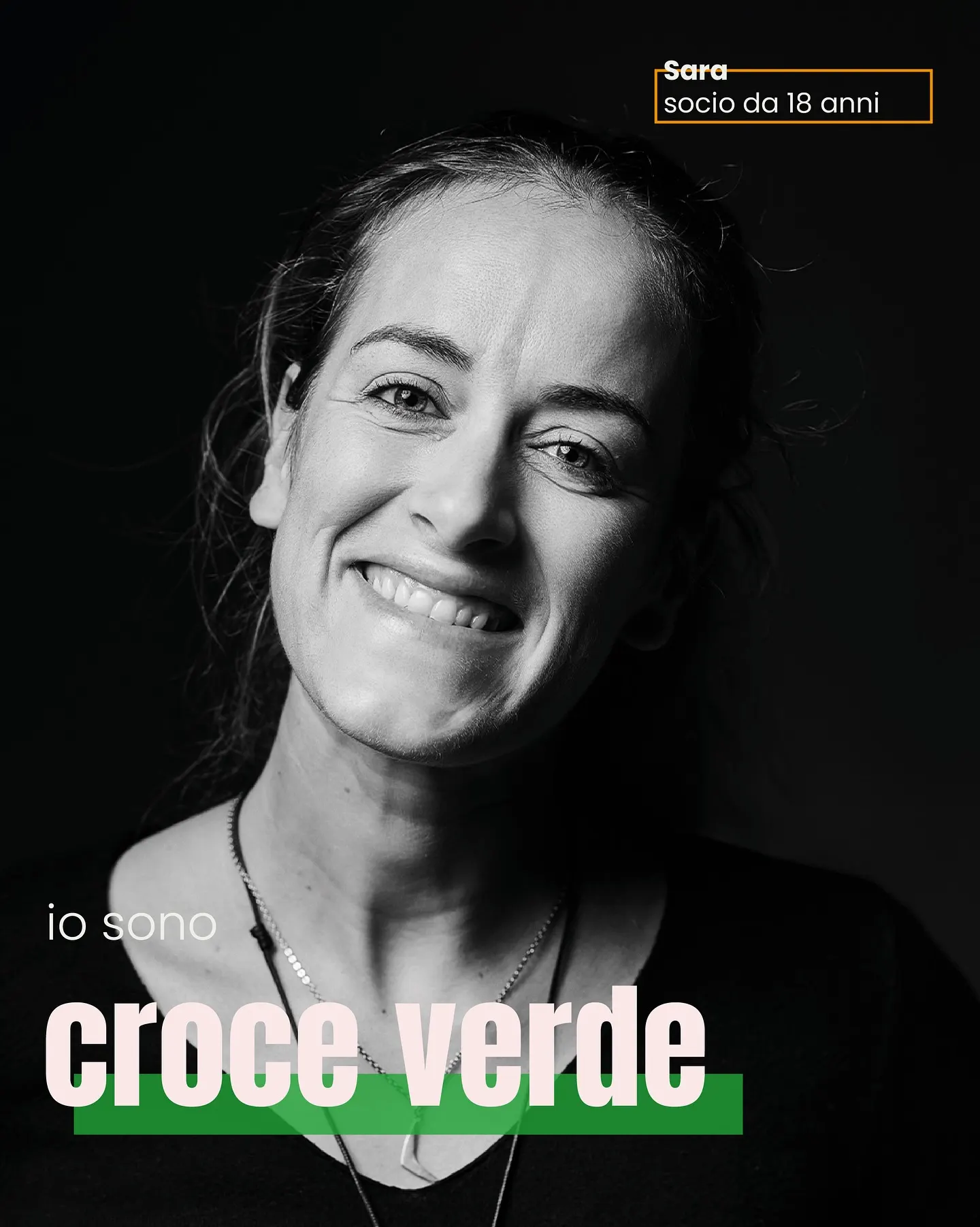 Portrait of Sara, a member for eighteen years, on black with the line I am Croce Verde