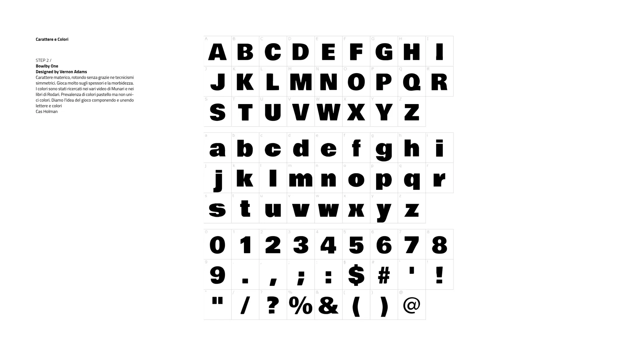 Full alphabet of the chosen typeface, capitals, lowercase, numerals and symbols