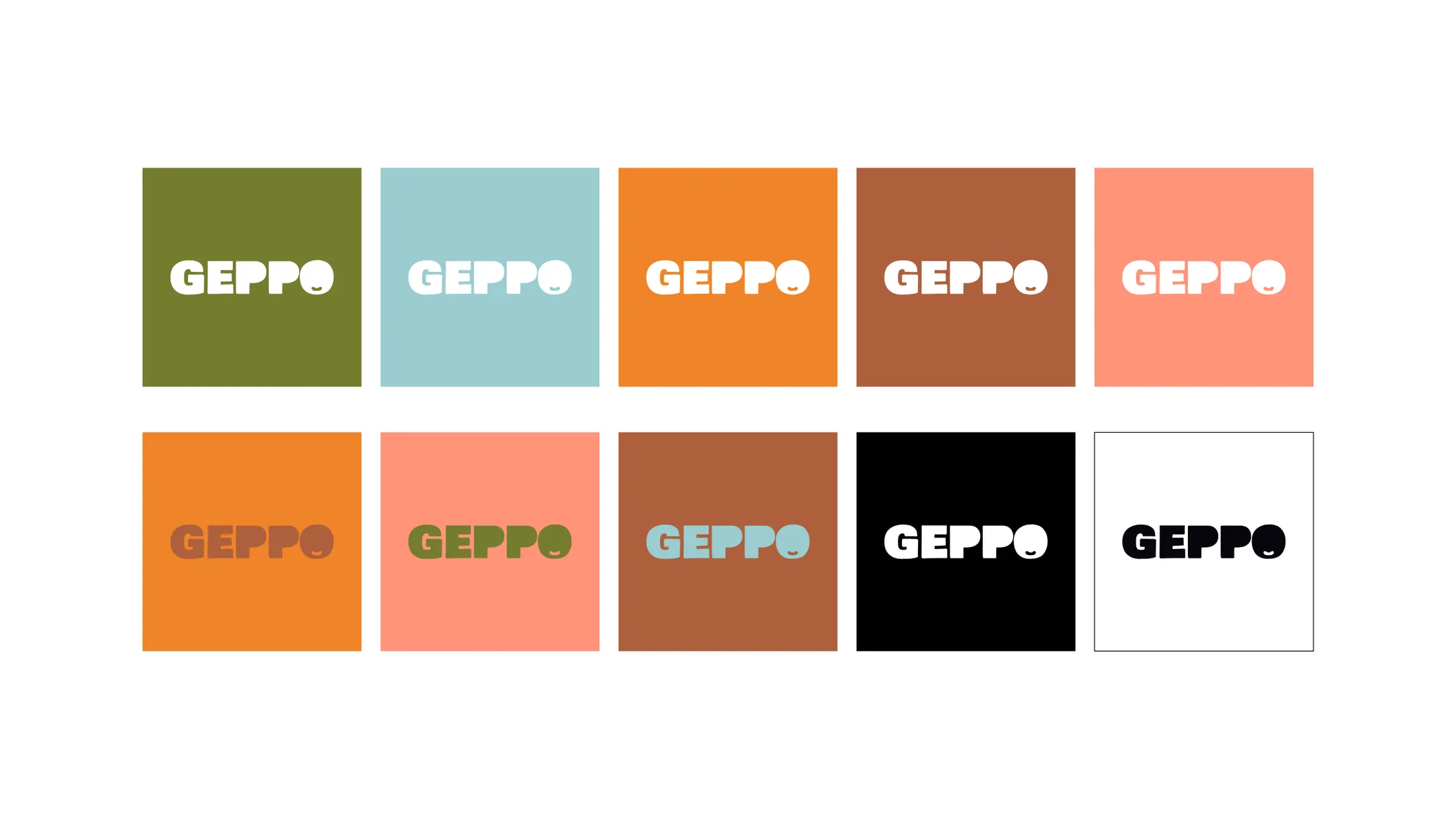 Ten colour variants of the logotype on different grounds
