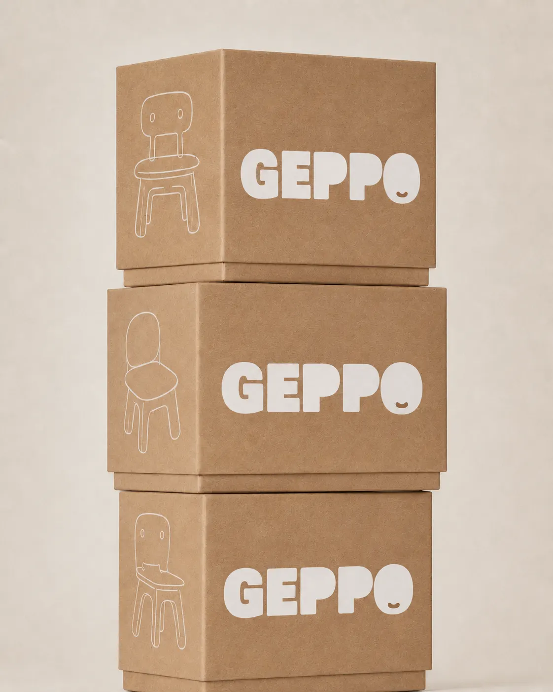 Stacked cardboard boxes with the Geppo mark and product silhouettes
