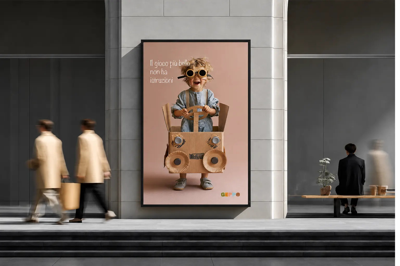 Campaign poster displayed on a city street, passers-by blurred