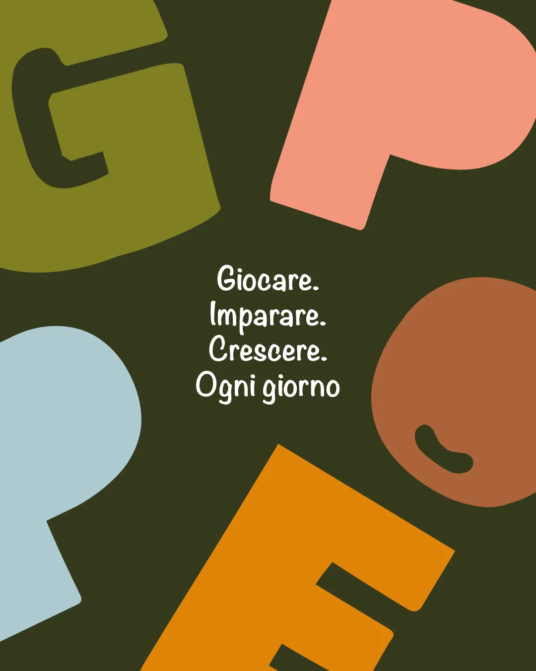 Graphic with logotype letters and the line Play. Learn. Grow. Every day