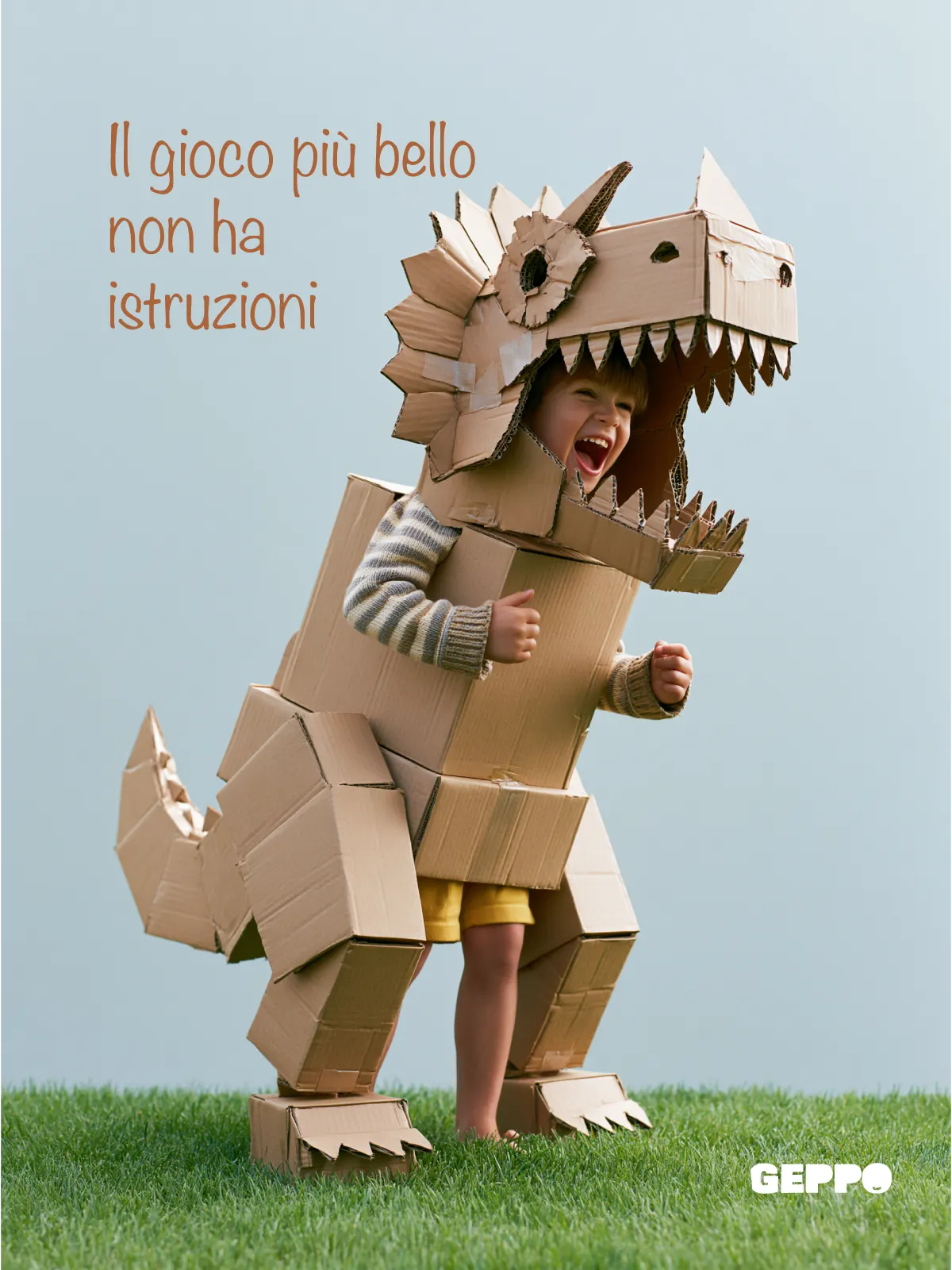 Poster: child dressed as a cardboard dinosaur on a lawn
