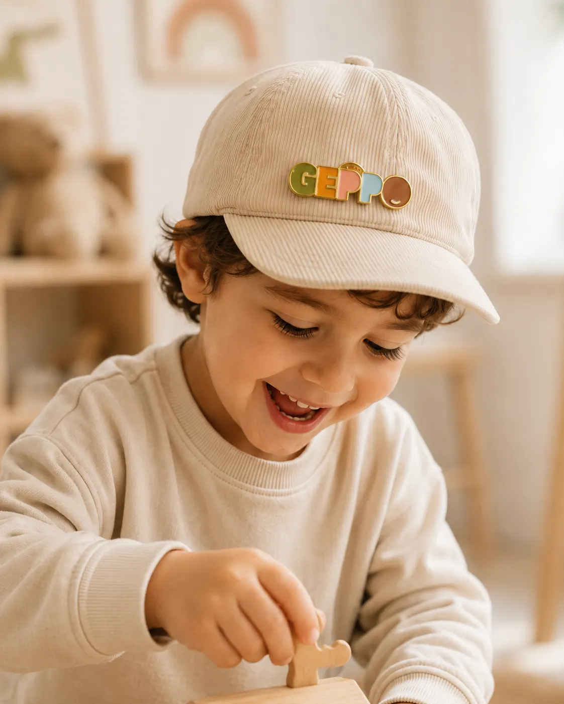 Child wearing a Geppo cap playing with wooden building blocks