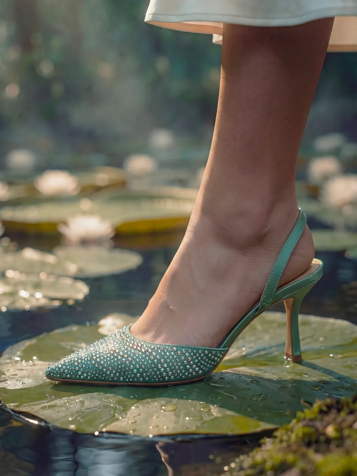Generated image: aqua green slingback resting on a lily pad