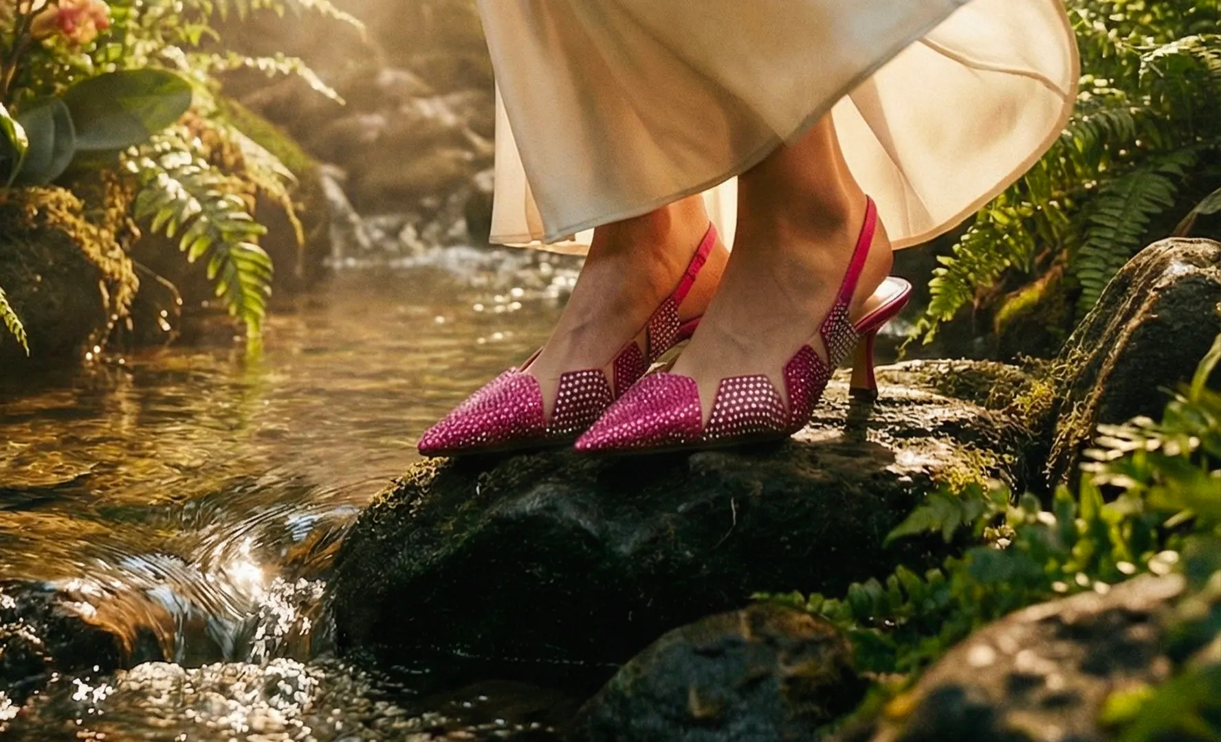 Generated image: fuchsia crystal pumps on a rock in a woodland stream