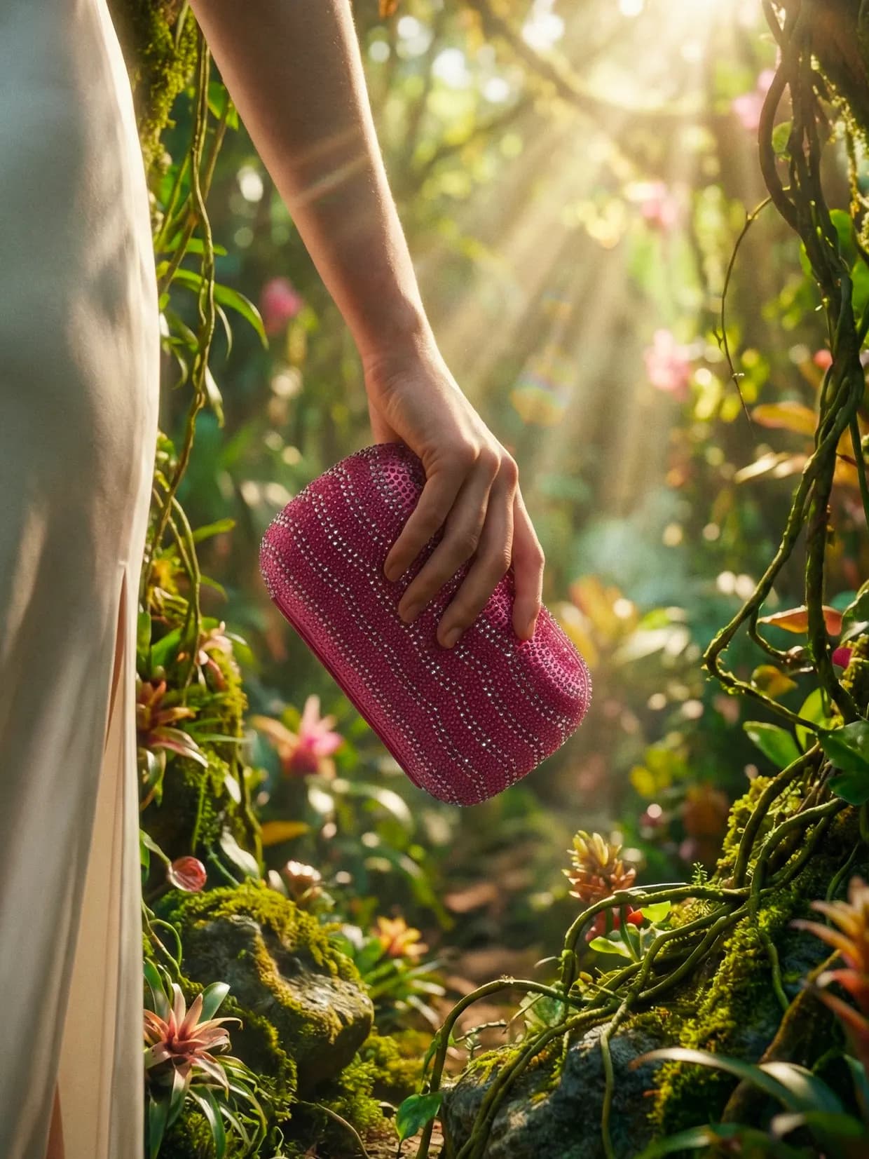 Generated image: hand holding a fuchsia woven clutch in a flowering glade