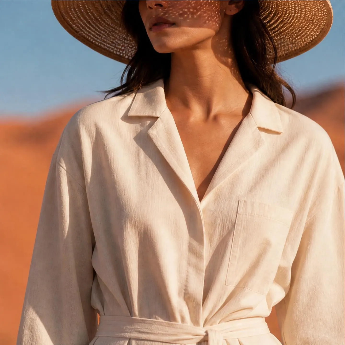 Generated image: wide-brimmed hat and linen shirt against red dunes