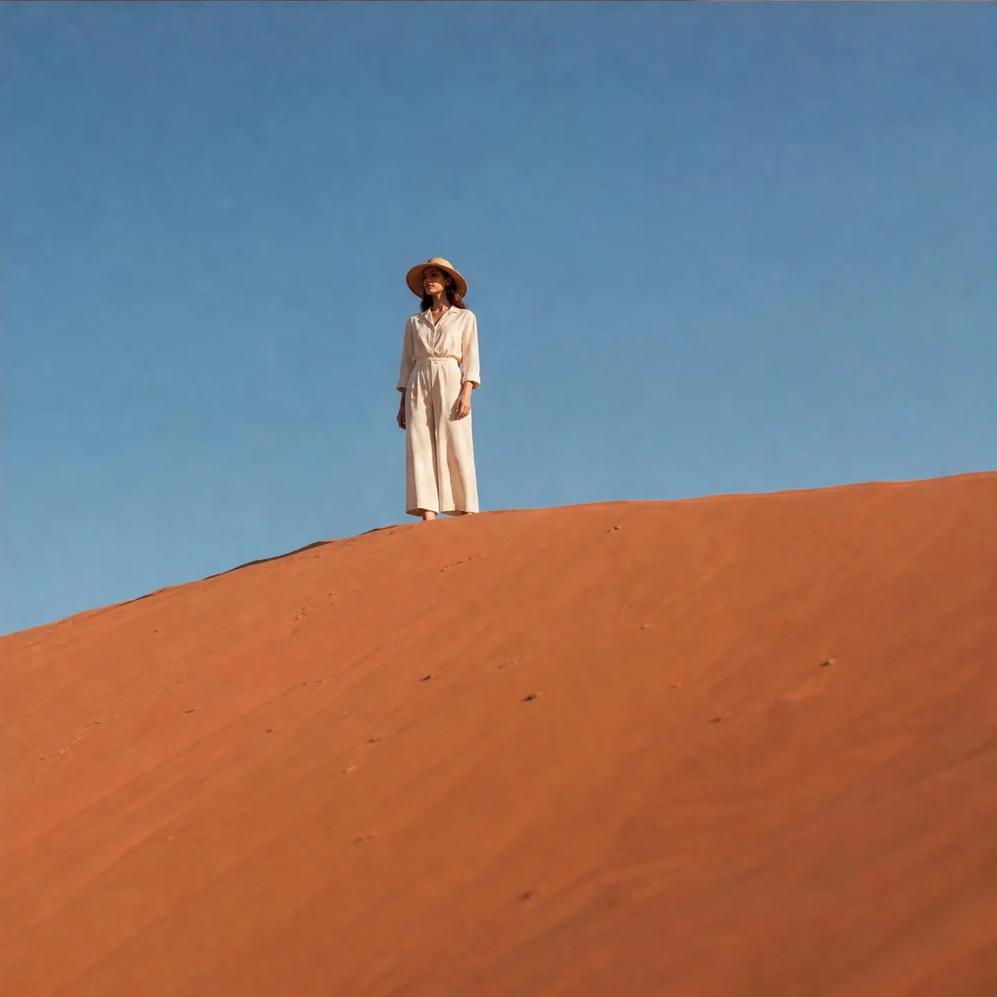 Generated image: figure in white on top of a dune, clear sky