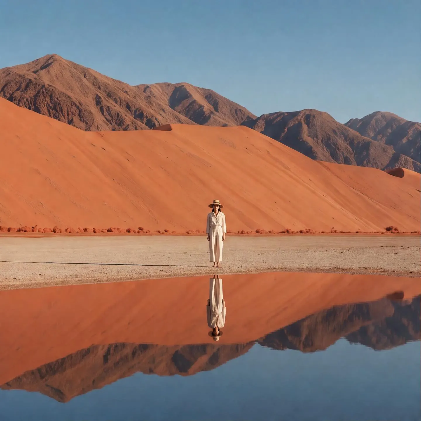 Generated image: tiny figure reflected in a salt flat before dunes and mountains