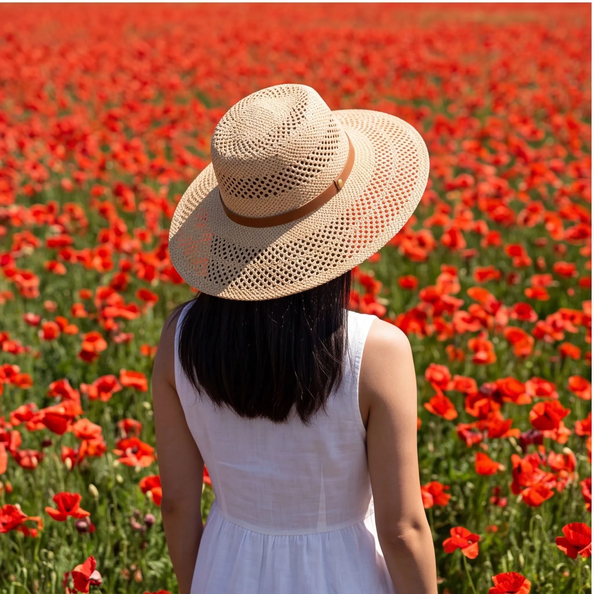Generated image: figure seen from behind wearing a hat in a field of red poppies