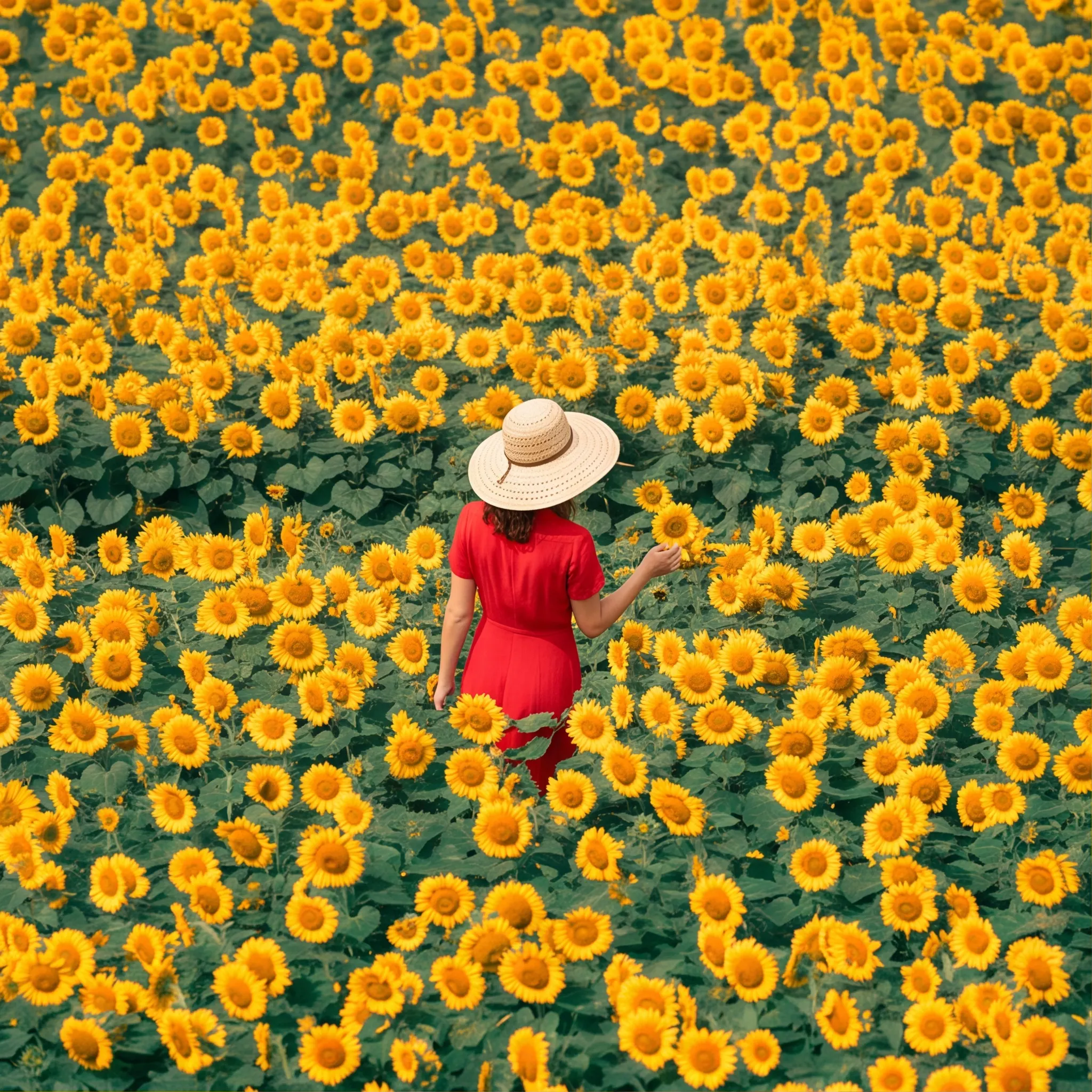 Generated image from above: figure in red wearing a hat in a sunflower field