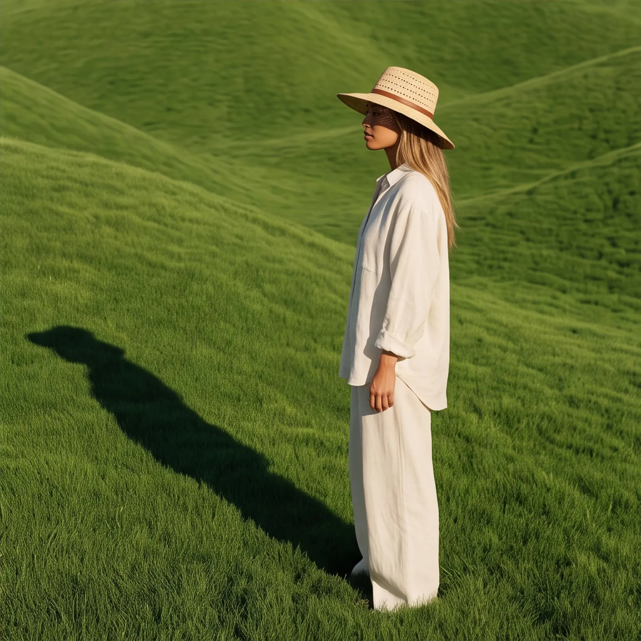 Generated image: figure in pale linen wearing a hat on a grassy slope