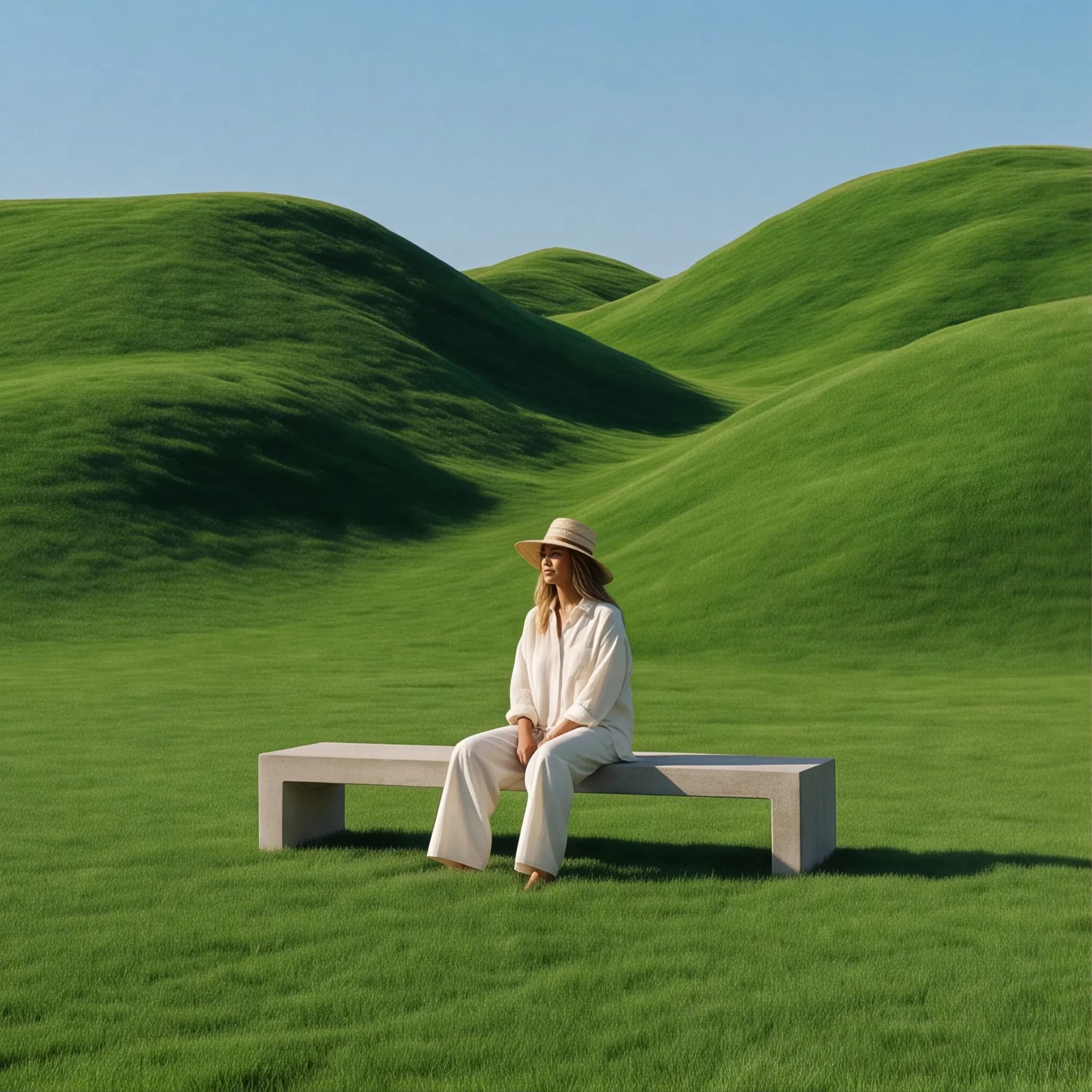 Generated image: figure seated on a white bench among green hills