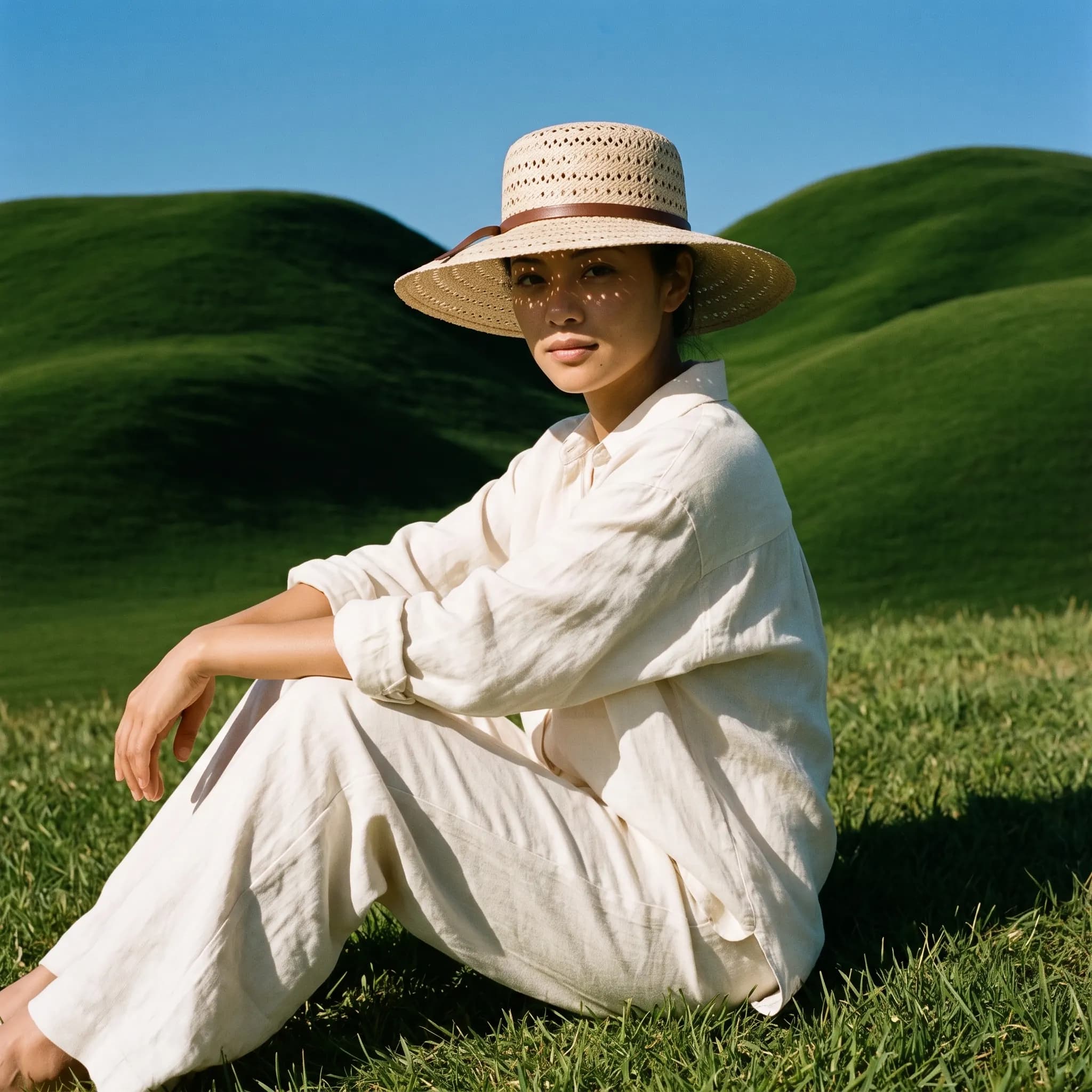 Generated image: figure seated on the grass wearing a hat, hills behind