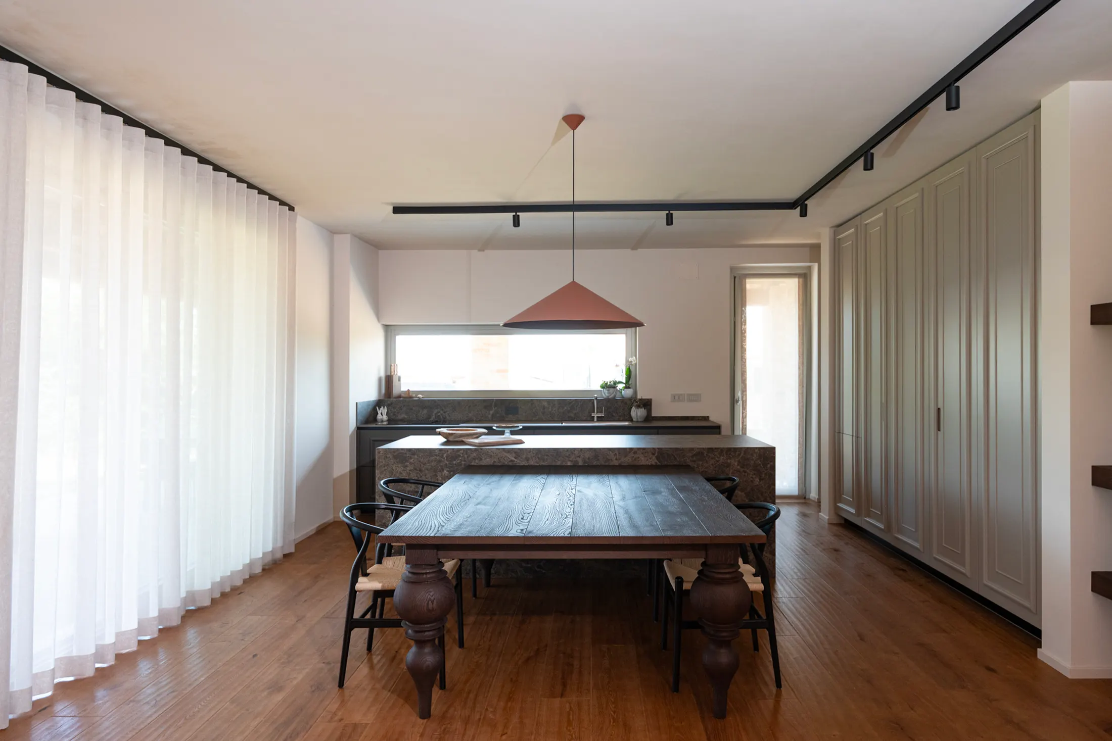 Poster with a halftone photograph of an interior and the line Space for your life in green