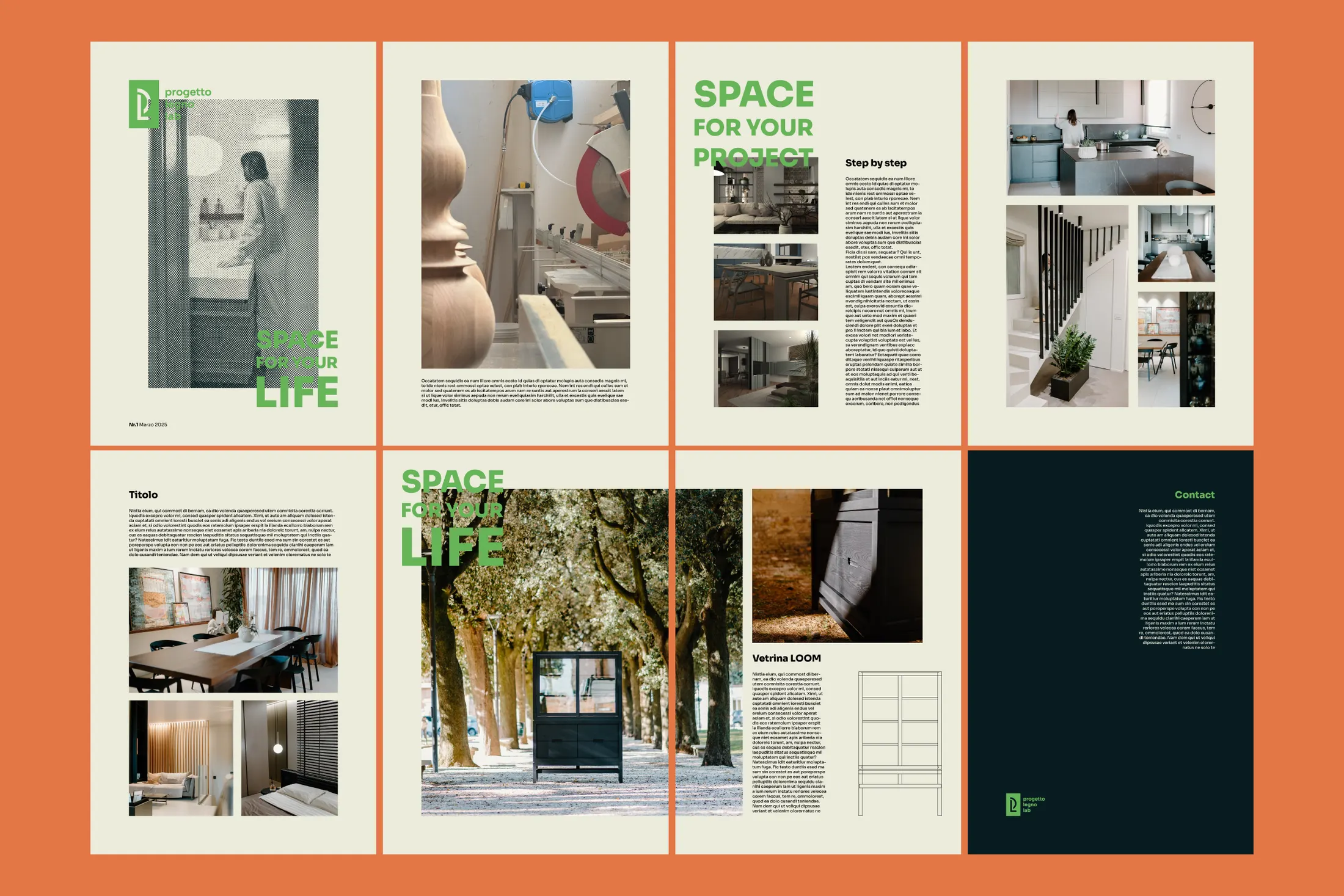 Catalogue spreads on an orange ground, editorial layout