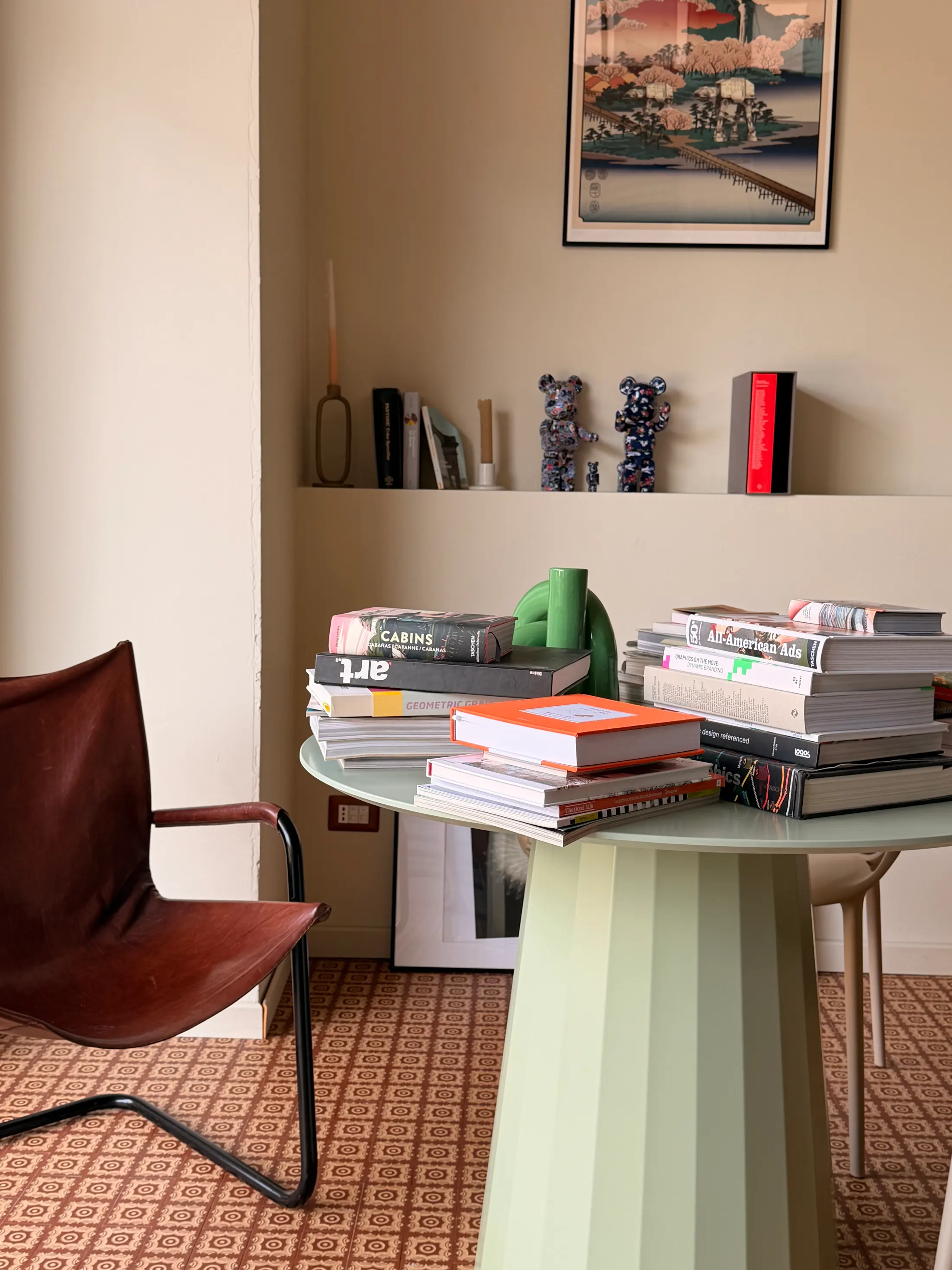 The studio’s corner of reference books and magazines