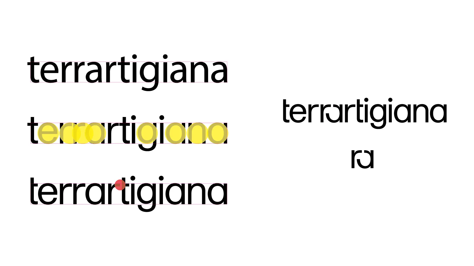 Prove del logotipo terrartigiana in tre varianti tipografiche