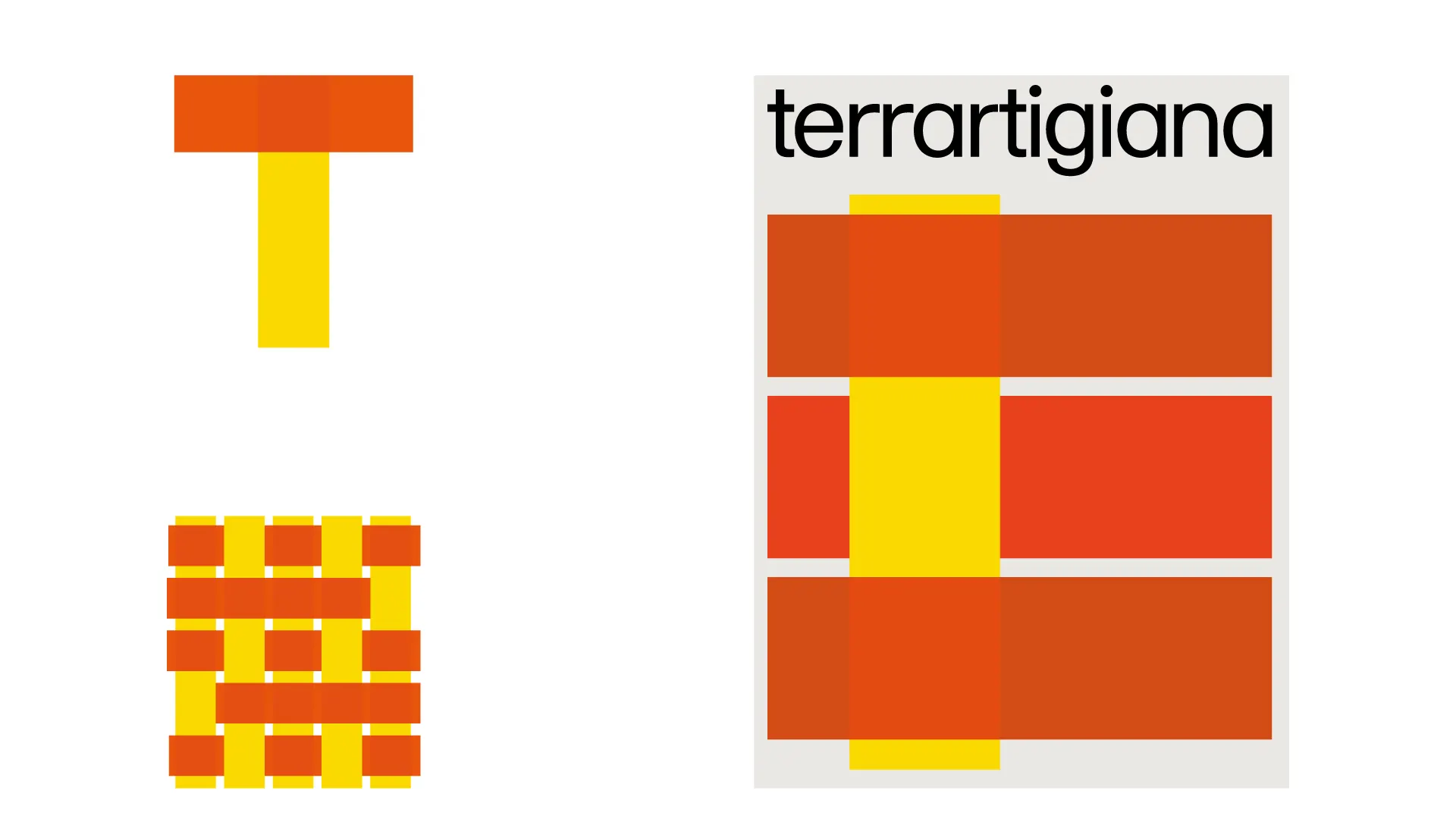 Studi grafici in rosso e giallo con il marchio e forme geometriche