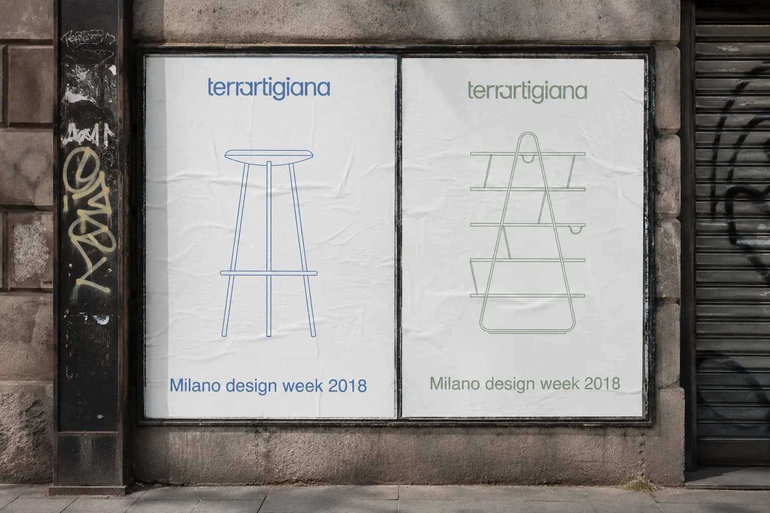 Two posters on a street wall showing the stool and bookcase drawings, Milan design week 2018