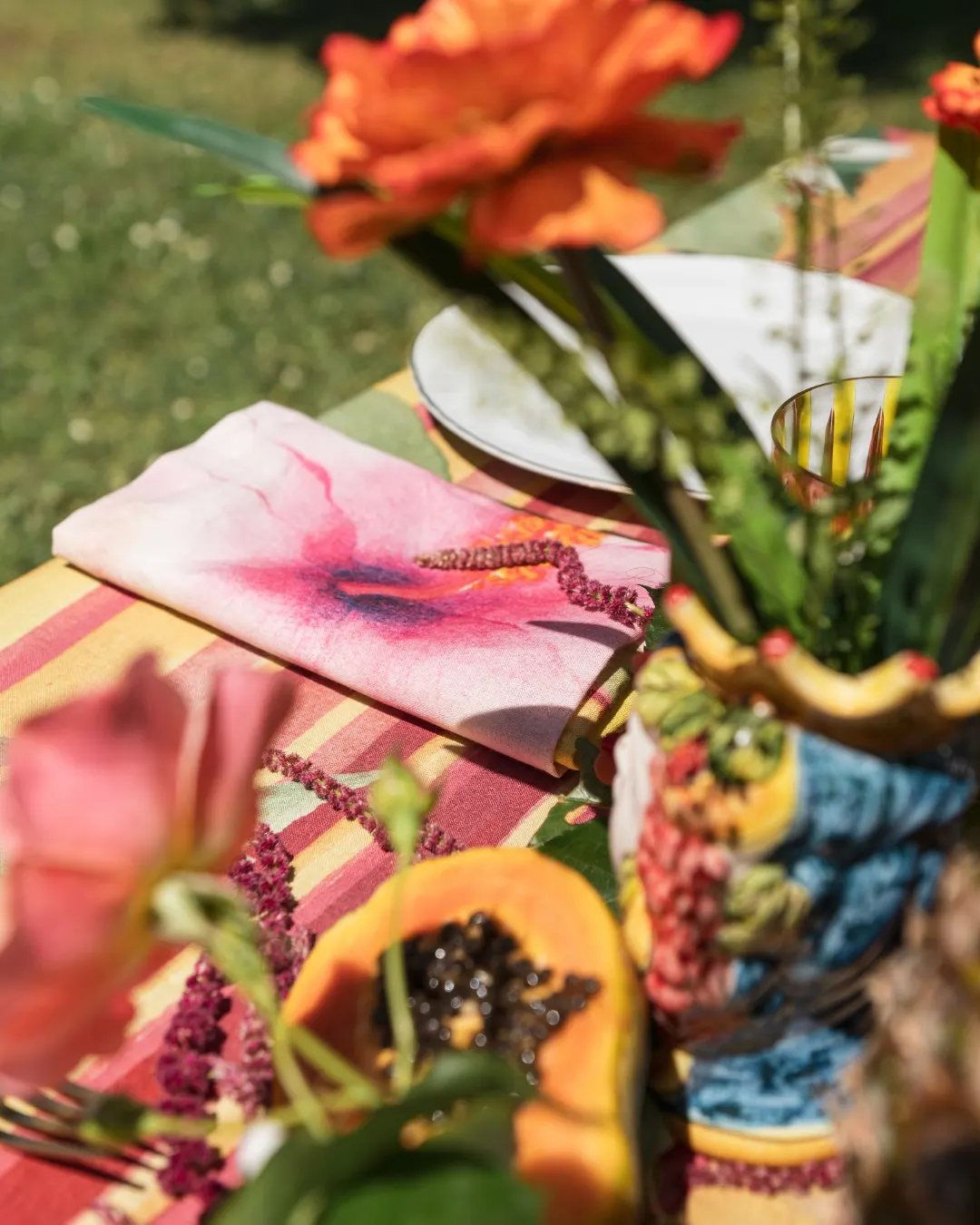 Tropical print runner with papaya and flowers, vivid colours